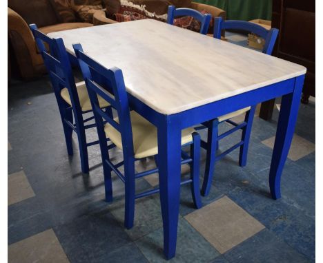 A Rectangular Marble Topped Kitchen Table on Blue Painted Base with Four Painted Ladder Back Chairs 