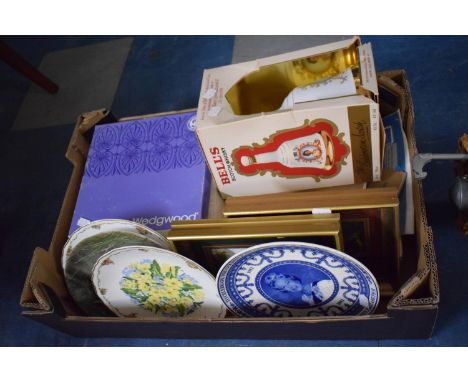 A Box Containing Various Decorated Plates, Bells Scotch Whisky Decanter, Vintage Postmasters Map of Shropshire and Other Prin