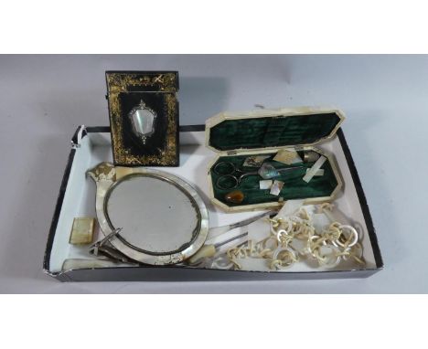 A Box Containing Mother of Pearl Inlaid Card Case, Mother of Pearl Necklace and Other Items etc 