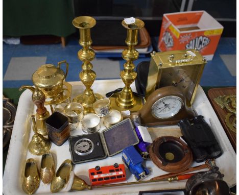 A Tray Containing Various Brasswares to Include Candle Sticks, Bells, Slippers together with Binoculars, Diecast Toys, Pocket