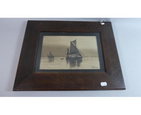 An Oak Framed Pen and Ink Study of Fishing Barges in Calm Sea, Signed TH Robinson 1914, 26cm Wide 