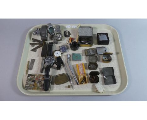 A Tray of Curios to Include Wrist Watches, Veterinary Blood Letting Knife, Pocket Lighters, Gramophone Needles, Pen Nibs etc 