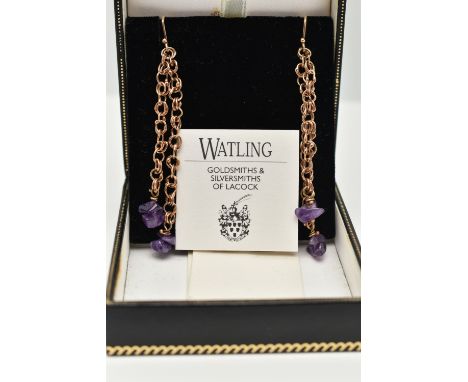 A PAIR OF 9CT GOLD DROP EARRINGS, chain style drop earrings fitted with polished amethyst stones, fitted with fish hook fitti