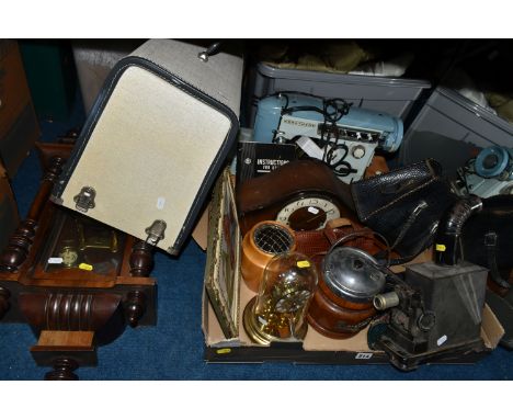 ONE BOX OF ASSORTED SUNDRIES, to include a wood and chrome 1930's biscuit barrel, mantel clock, a faux croc handbag and purse