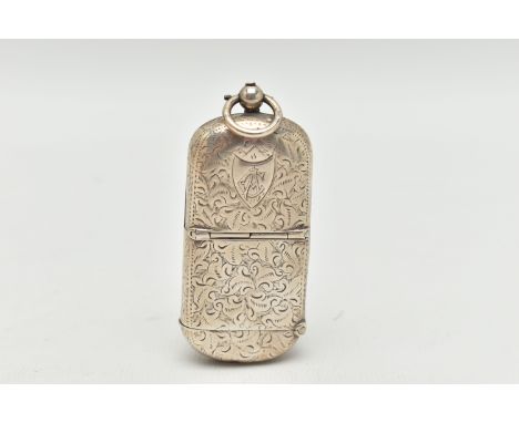 A LATE VICTORIAN SILVER COMBINATION VESTA/SOVEREIGN CASE, of a rounded rectangular form with ivy leaf pattern and engraved sh