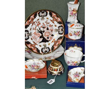 A GROUP OF ROYAL CROWN DERBY TEA AND GIFT WARES, comprising an Imari 1128 table lighter, an Imari 383 dinner plate (second qu