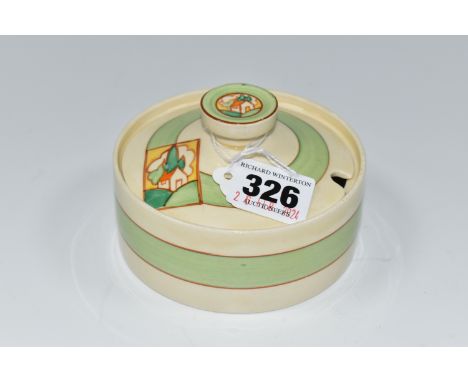 A CLARICE CLIFF BIZARRE 'STROUD' PATTERN PRESERVE POT, decorated with pale green bands, the cover and finial painted with sty