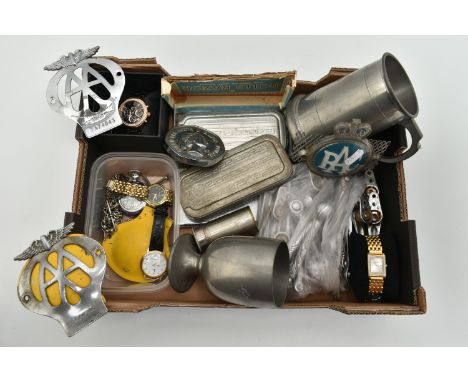 A BOX  OF ASSORTED ITEMS, to include a boxed ceramic 'DKNY' round black chronograph dial, baton markers, date window between 