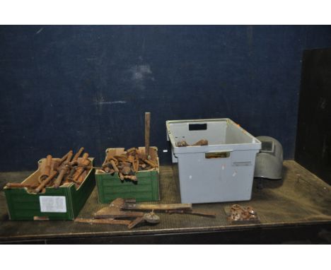 THREE TRAYS CONTAINING BLACKSMITHS AND ENGINEERING TOOLS including tongues, grips, tap and die stocks, dies, a welding mask, 
