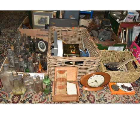 FIVE BOXES OF LATE 19TH AND EARLY 20TH CENTURY MISCELLANEOUS SUNDRIES, to include a collection of glass medicine and detergen