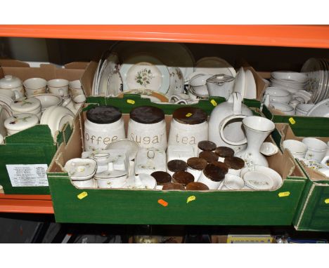 FIVE BOXES OF KERNEWEK POTTERY DINNERWARE, to include a large quantity of 'Daisy' pattern dinnerware, spice jars, kitchen sto