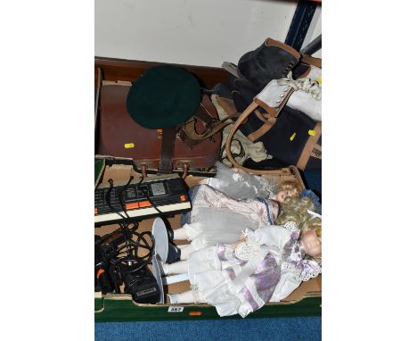TWO BOXES OF MISCELLANEOUS SUNDRIES, to include an Imperial 'Good Companion' typewriter, two pairs of vintage leather ice-ska