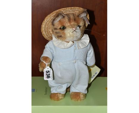 A BOXED STEIFF BEATRIX POTTER LIMITED EDITION 'TOM KITTEN', with mohair and cotton 'fur', wearing a blue and white striped sa