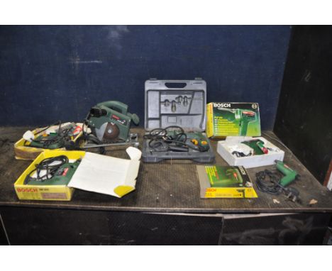 A COLLECTION OF SIX BOSCH POWER TOOLS comprising of a CSB-470-RLE drill in case, a SB350 jigsaw, a PKS46 circular saw (all PA
