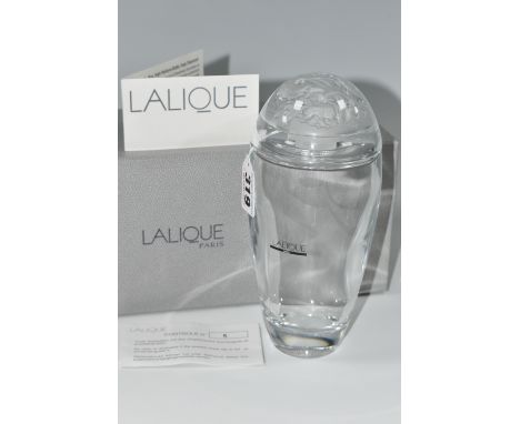 A BOXED LALIQUE 'BUCOLIQUE' 2006 TALL PERFUME BOTTLE, the clear body having internal stopper, the cover having moulded dandel