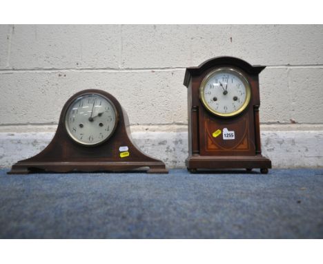 TWO 20TH CENTURY MAHOGANY MANTEL CLOCKS, the taller clock with winding key and pendulum, the other with no winding key but on
