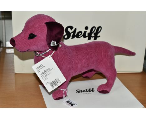 A BOXED LIMITED EDITION STEIFF 'SELECTION DACHSHUND ROMEO', with a pink-mauve cotton corduroy covering, wearing a diamante co