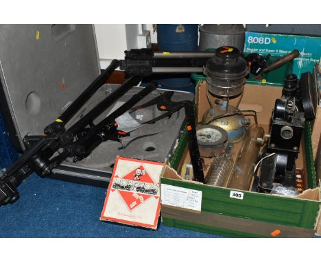 TWO BOXES OF MISCELLANEOUS SUNDRIES, to include a set of Bruel &amp; Kjaer miniature connectors JP0012, a galvanized kerosene