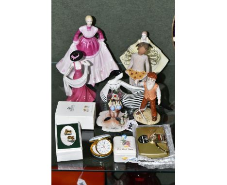 A GROUP OF FIGURINES, SWAROVSKI CRYSTAL, HALCYON DAYS, ETC, comprising a Cmielow Poland 'Relaks', a reclining lady, model num