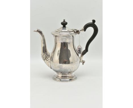 AN ELIZABETH II SILVER TEAPOT, polished bell shape, shell pattern to the base of the spout, hinged cover, fitted with an ebon