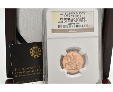 A BOXED ROYAL MINT FULL GOLD PROOF SOVEREIGN COIN 2015 PORTRAIT (One of the First 500 Struck), presented in a graded presenta