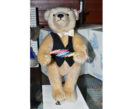 A BOXED STEIFF LIMITED EDITION 'CROUPIER' TEDDY BEAR, jointed with blond mohair and cotton 'fur', gold coloured ear button an