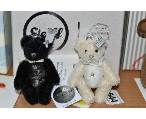 TWO BOXED STEIFF SWAROVSKI CRYSTAL TEDDY BEAR KEY RINGS, in black and white with Swarovski crystal details, the usual Steiff 