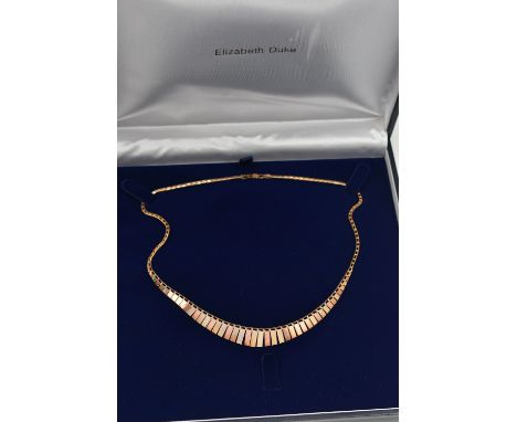 A 9CT GOLD CLEOPATRA STYLE NECKLACE, a tri colour necklace comprised of graduated rectangular form panels, fitted with a lobs