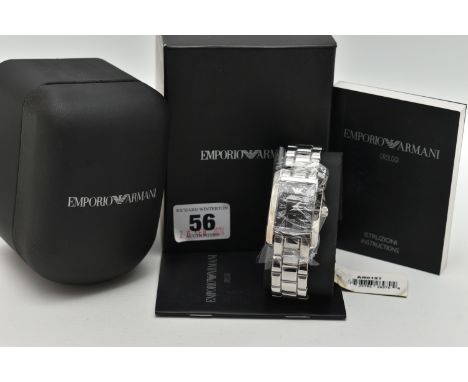 AN EMPORIO ARMANI GENTLEMAN'S WRISTWATCH, the rectangular black face with Roman numerals and subsidiary seconds dial, reverse