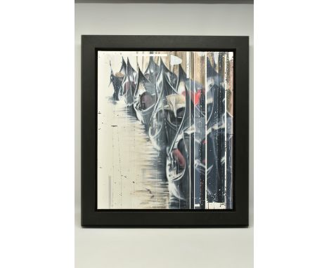 KRIS HARDY (BRITISH 1978) 'GONDOLAS', a contemporary Venetian scene, signed bottom right, mixed media on canvas, approximate 