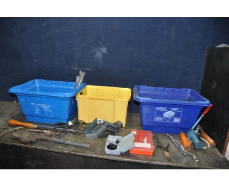 THREE TRAYS CONTAINING TOOLS including a Spencer Franklin lever pump, a centre square, a Rabone and Chesterman 24in rule, spa
