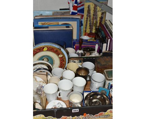TWO BOXES OF ROYAL COMMEMORATIVE CERAMICS AND SUNDRIES, to include assorted mugs, vintage tins, glasses, books and thimbles, 