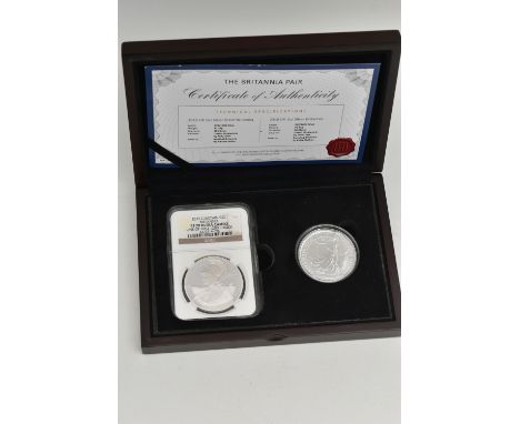 A BOXED PAIR OF .999 SILVER BRITANNIA COINS, to include a slabbed 2015 PF70 ULTRA CAMEO 2015 £2 (one of the first 1250 struck
