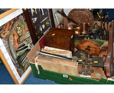 TWO BOXES OF METALWARE AND FRAMED PICTURES, to include a copper kettle, copper ornaments, brass ornaments, Victorian writing 