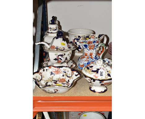 A GROUP OF MASON'S 'MANDALAY' PATTERN CERAMICS, comprising a covered sauce tureen with ladle and stand, two ginger jars, frui