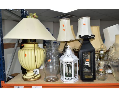 A LARGE QUANTITY OF TABLE LAMPS, FLOOR VASES AND A STANDARD LAMP, comprising twelve electric table lamps with cream shades, a