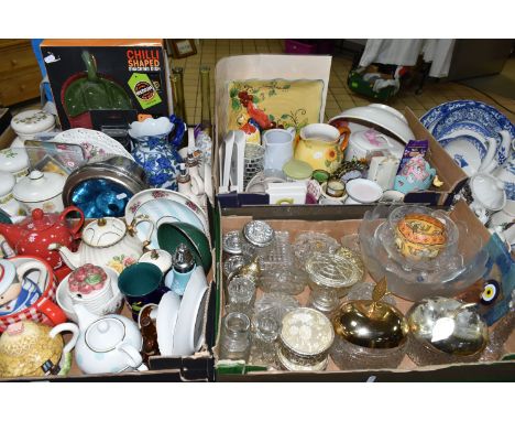 FIVE BOXES OF CERAMICS AND SUNDRIES, two Myatt's 'Country Life' coffee pots, a Ridgway 'Country Days' teapot,  a blue and whi