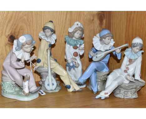 FIVE NAO PIERROT/CLOWN FIGURES, comprising A Bird in Hand, Pierrot Boy with Mandolin, Love Letter, Strumming, and Listen to M