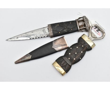 A SILVER MOUNTED SGIAN DUBH WITH WOODEN HILT AND A BOTTLE OPENER, the Sgian Dubh silver mounts hallmarked 'Thomas Kerr Ebbutt