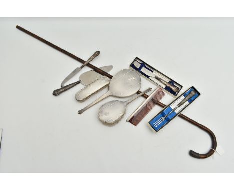 A SILVER FOUR PIECE VANITY SET, SILVER HANDLED CUTLERY AND A WALKING STICK, set comprising of a hair brush, clothes brush, ha