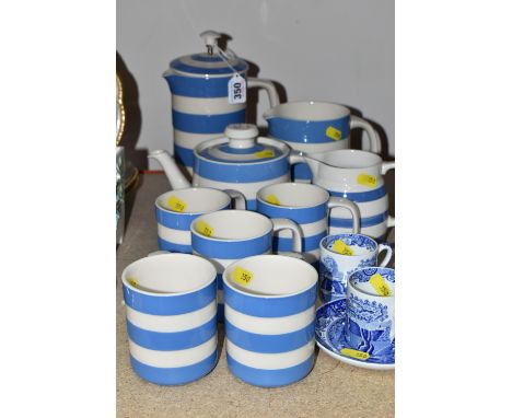 A GROUP OF T.G GREEN 'CORNISH WARE', comprising cream and white striped teapot (chipped and crazed), a cafetiere, large jug, 