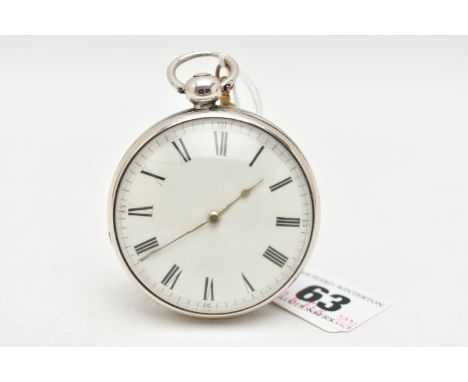 A GEORGE IV SILVER OPEN FACE POCKET WATCH, key wound, round white Roman numeral dial, white metal hands, in a polished case, 