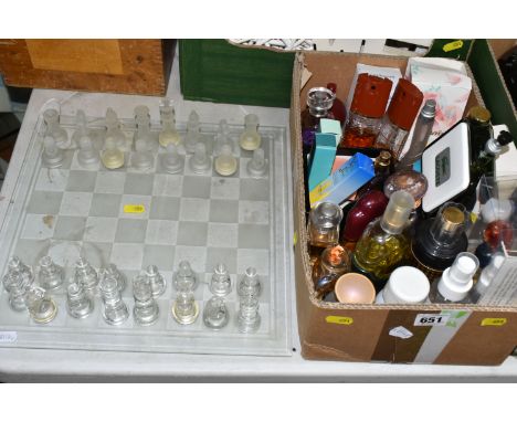 TWO BOXES OF PERFUMES AND SUNDRIES, to include an Italian made mandolin by Carlo Loveri &amp; Figlio No.50 Naples (missing st