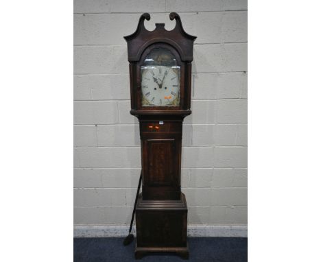 A 19TH CENTURY MAHOGANY EIGHT DAY LONGCASE CLOCK, with brass bird finial, twin swan neck pediment, Corinthian style pillars, 