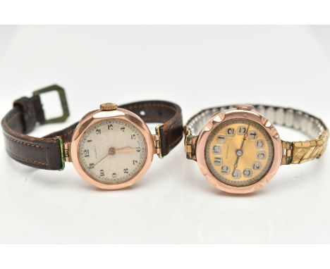 TWO EARLY TO MID 20TH CENTURY LADIES 9CT GOLD WRISTWATCHES, the first manual wind, round silver engine turned pattern dial si
