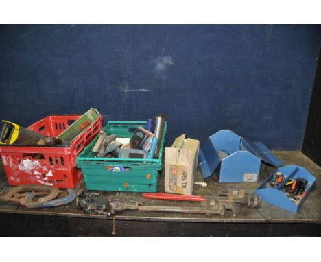 A METAL TOOLBOX AND TWO TRAYS CONTAINING TOOLS including a Record 18 Stillson, a 600mm Stillson, a Record 6 and a Lion No406 