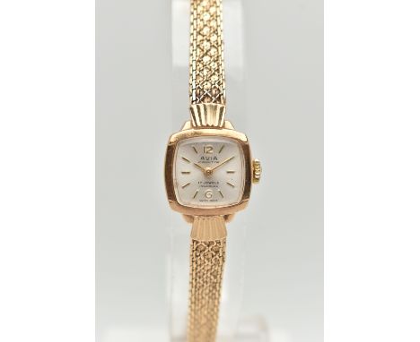 A LADIES 9CT GOLD 'AVIA' WRISTWATCH, manual wind, square silver dial signed 'Avia Cadette, 17 jewels incabloc', Arabic twelve