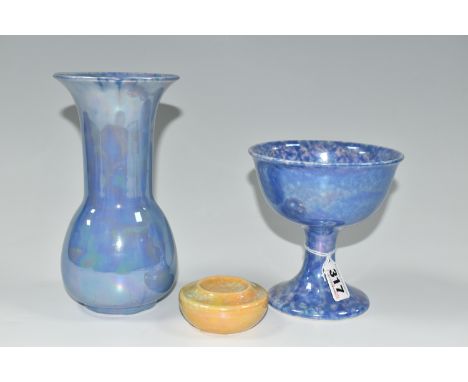 THREE PIECES OF LUSTRE GLAZED RUSKIN POTTERY, comprising a yellow glazed stamp wetter, impressed 'Ruskin, England' and '1923'