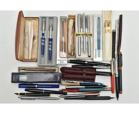 A BOX OF ASSORTED PENS AND PENCILS, to include a boxed white metal, engine turned pattern 'Yard-O-Led' propelling pencil, sta