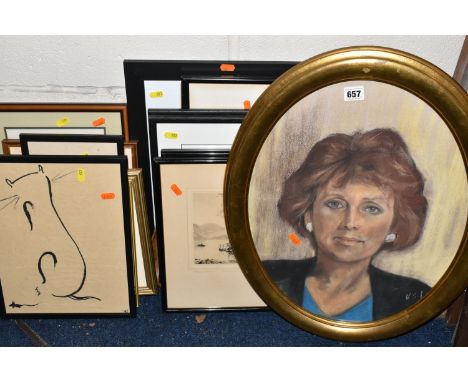 A SMALL QUANTITY OF PICTURES AND PRINTS ETC, to include a Pastel head and shoulders portrait of a female figure initialed V.S